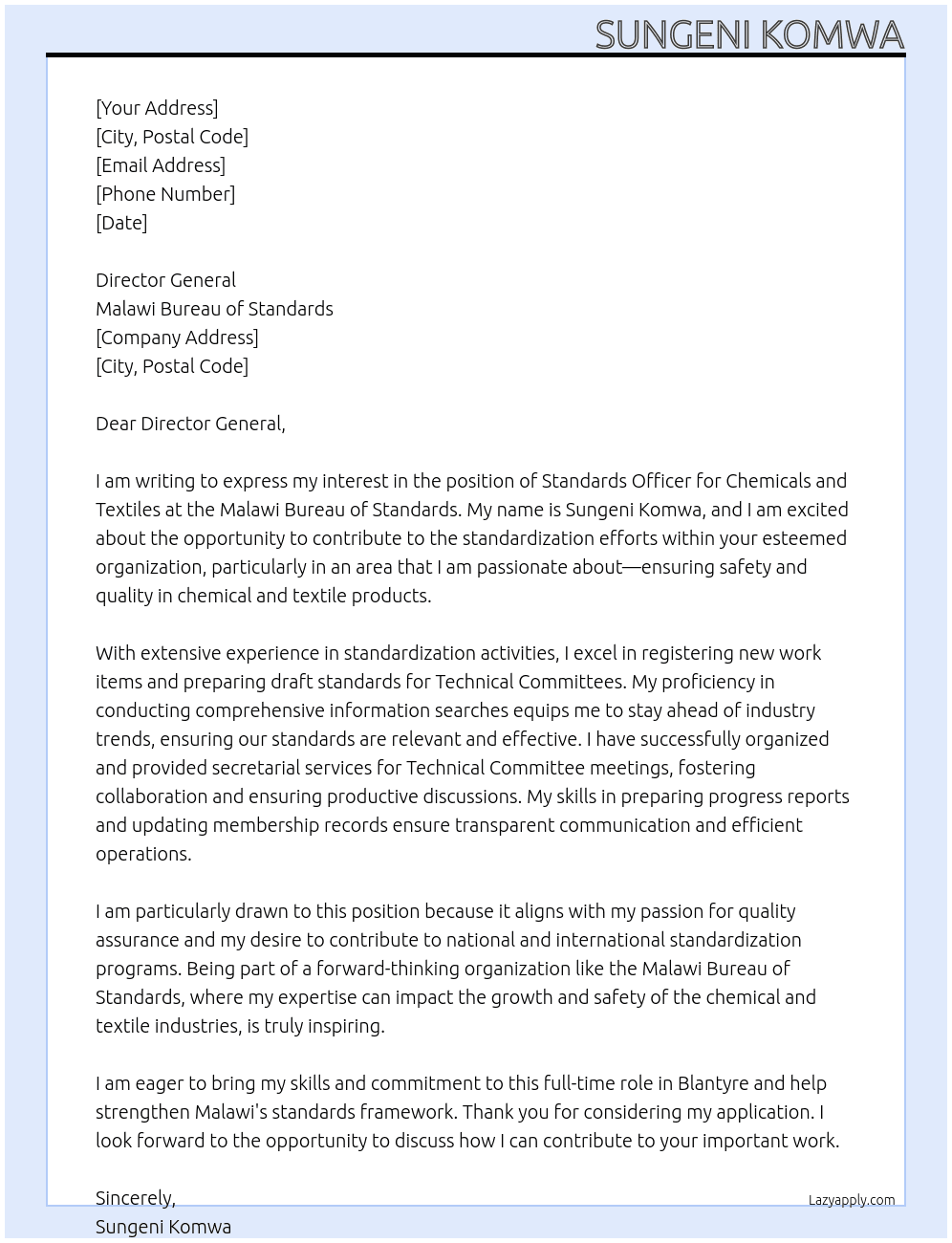 standards officer, chemicals and textiles At Malawi Bureau of Standards Cover Letter