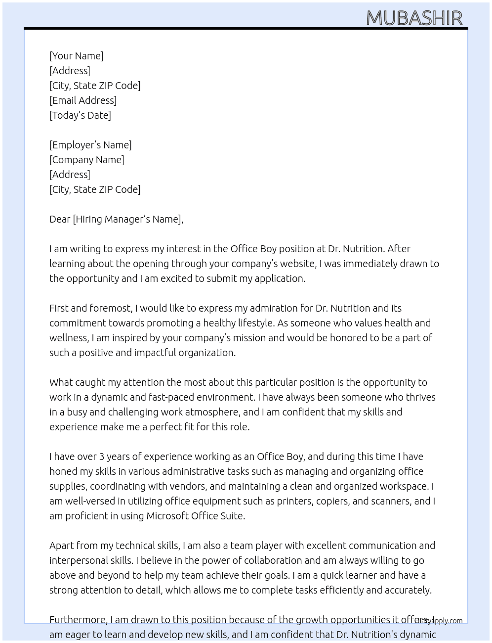 Office boy  At Dr.Nutrition  Cover Letter