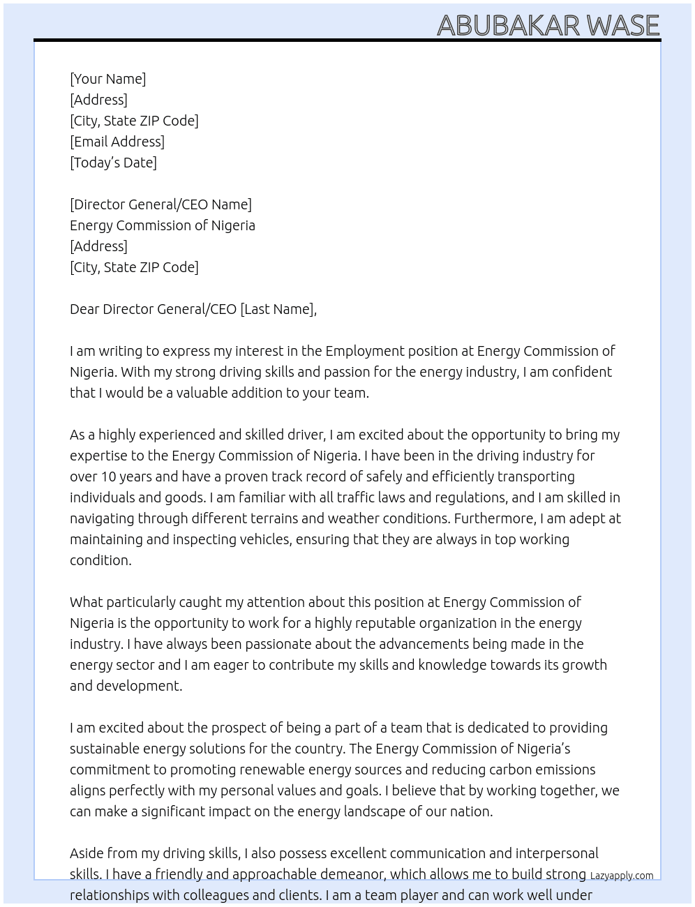 Employment At Energy Commission of Nigeria  Cover Letter
