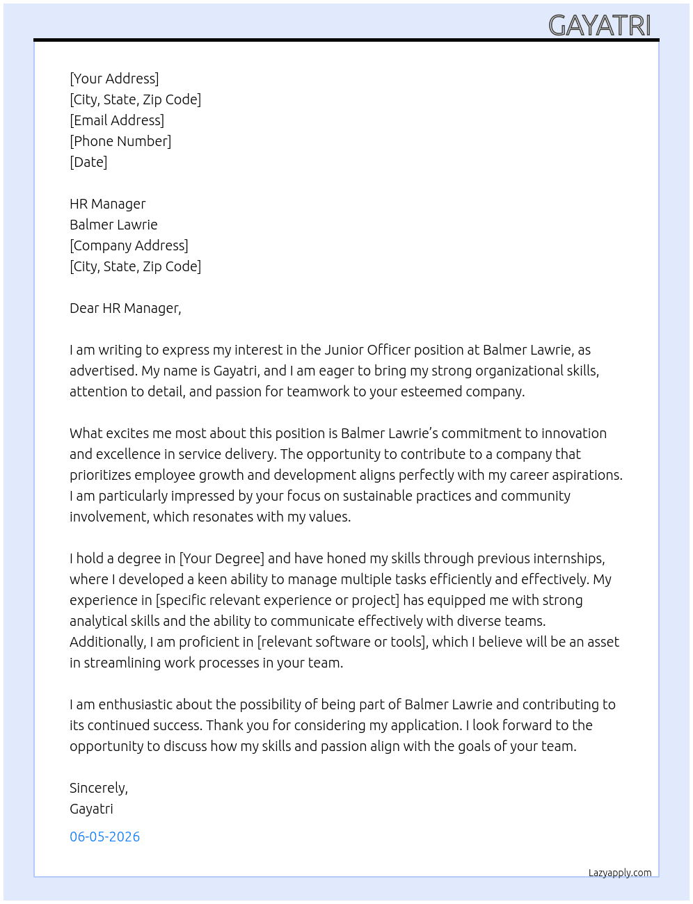 Junior officer  At Balmer lawrie  Cover Letter