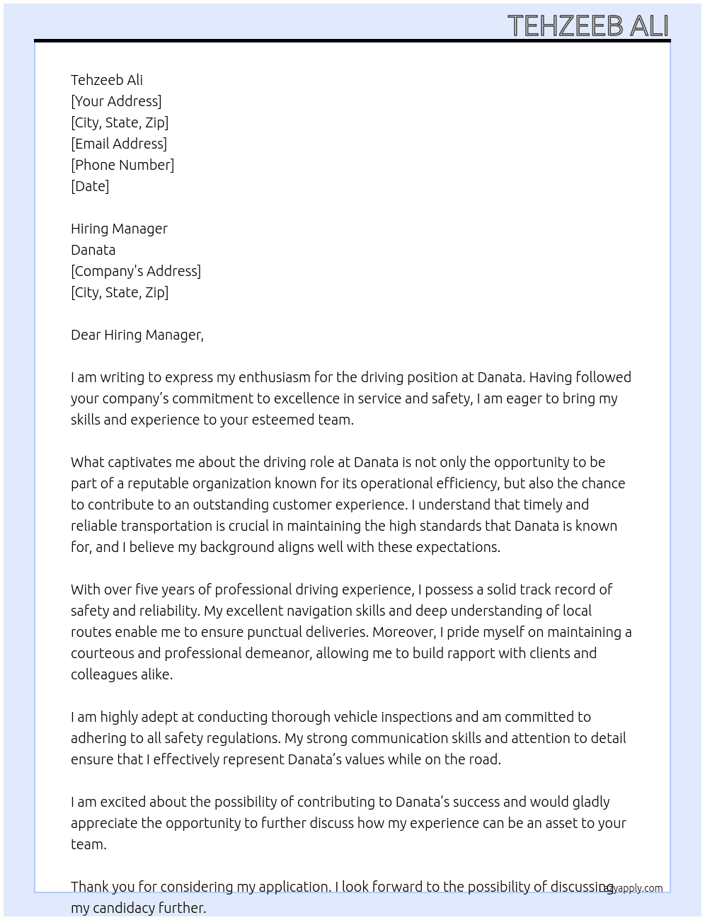 Driving  At Danata Cover Letter