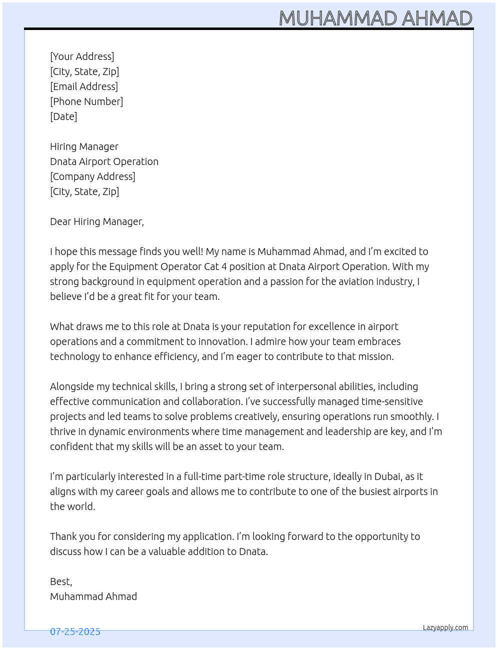 Equipment operator Cat 4 At Dnata airport operation Cover Letter