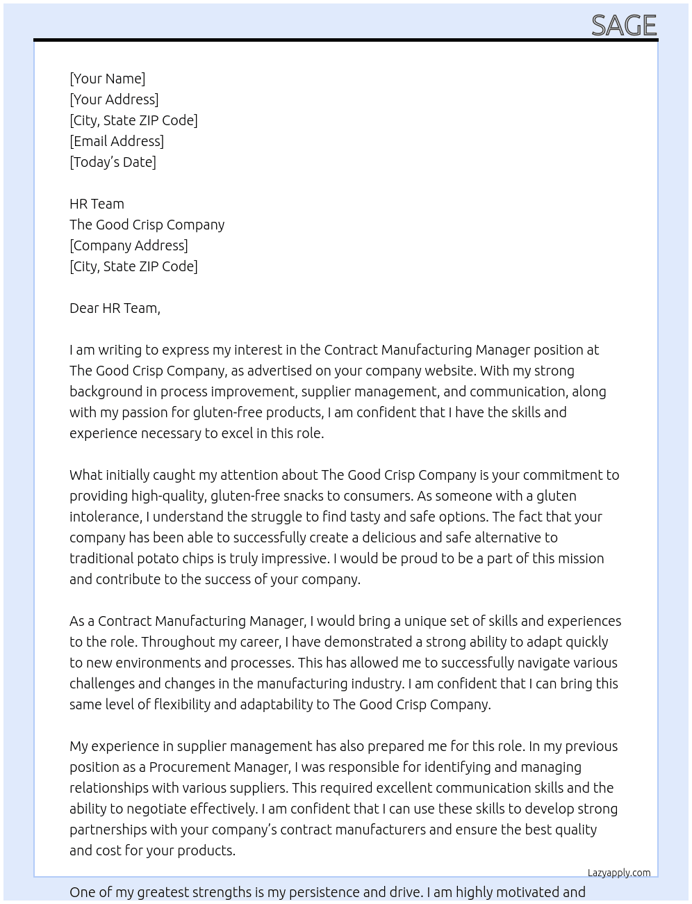 Contract Manufacturing Manager At The Good Crisp Company Cover Letter