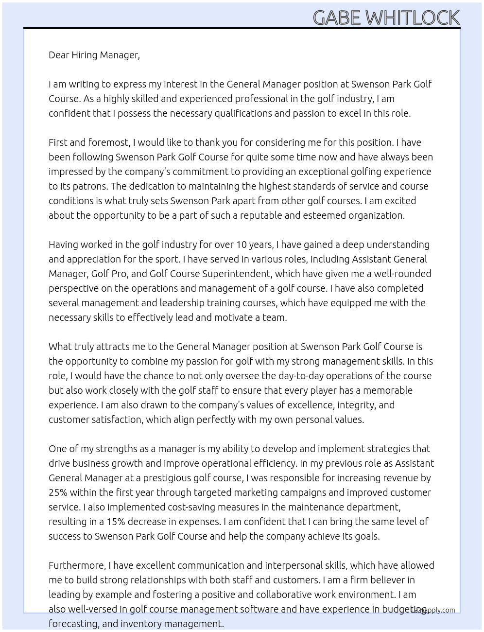General Manager At Swenson Park Golf Course Cover Letter