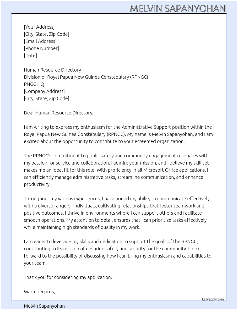 Cover letter for administrative support or any relevant position that suit my qualifications - LazyApply