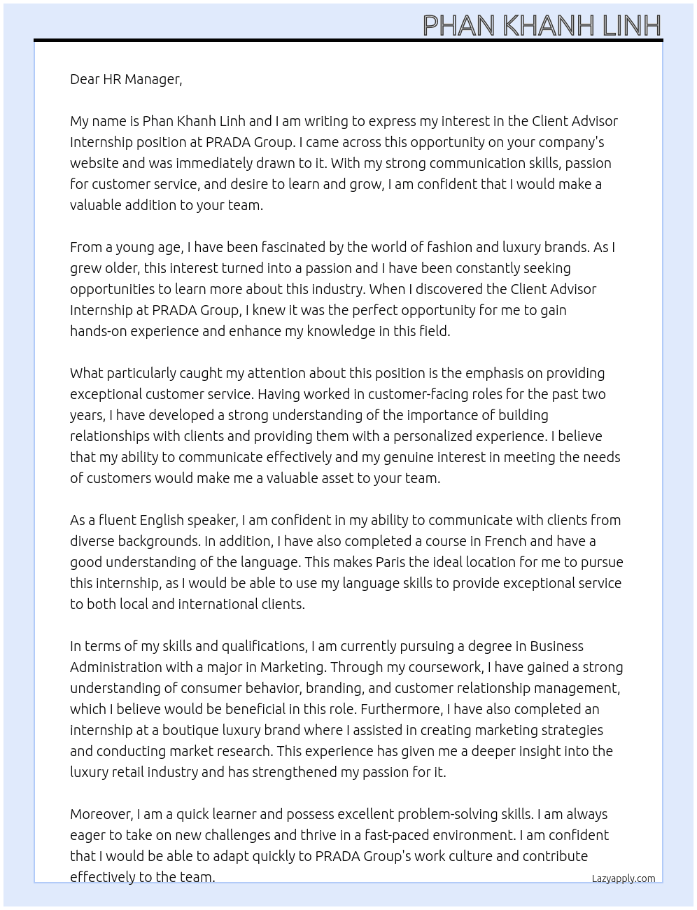 Client Advisor Internship At PRADA Group Cover Letter