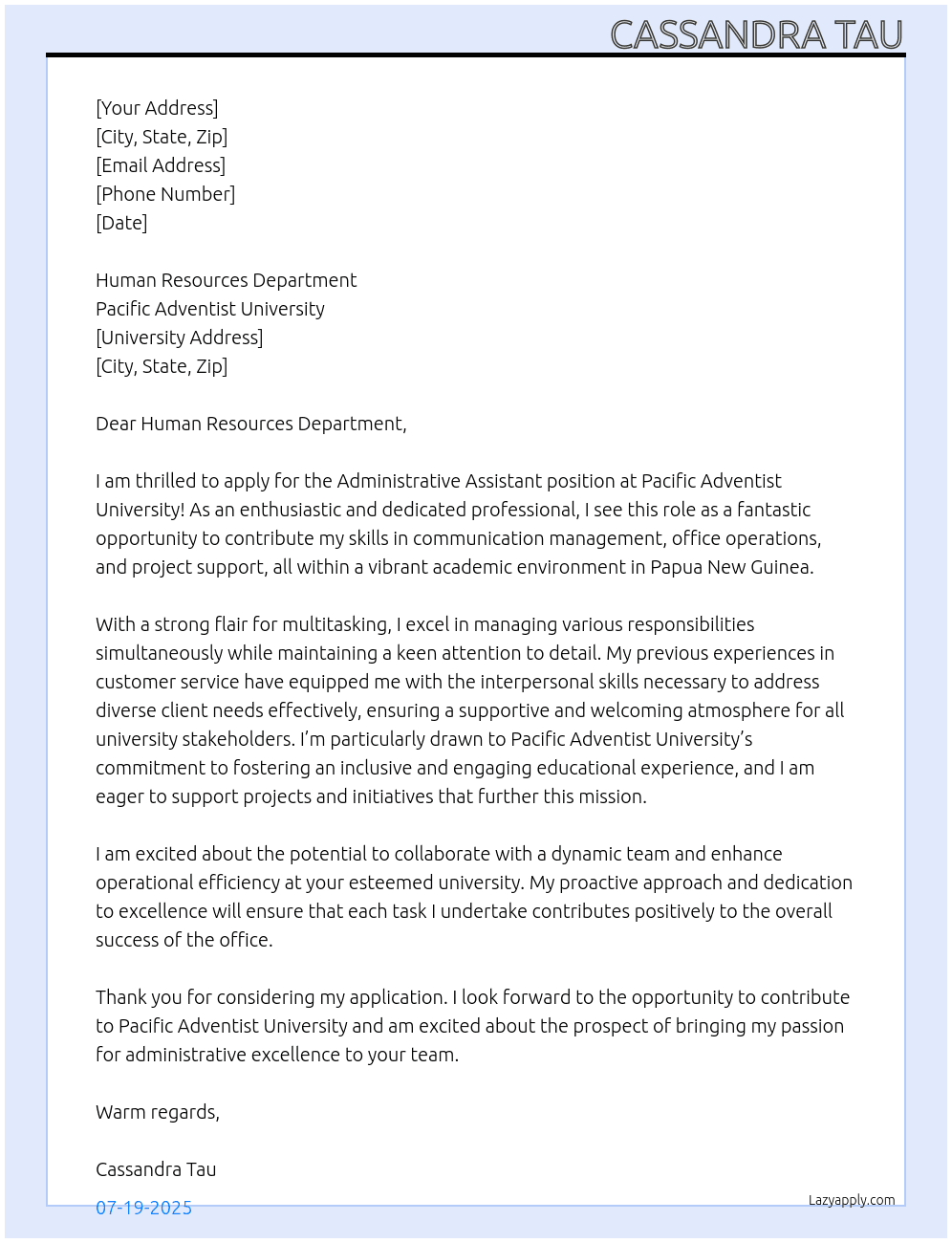 Administrative Assistant  At Pacific Adventist University  Cover Letter