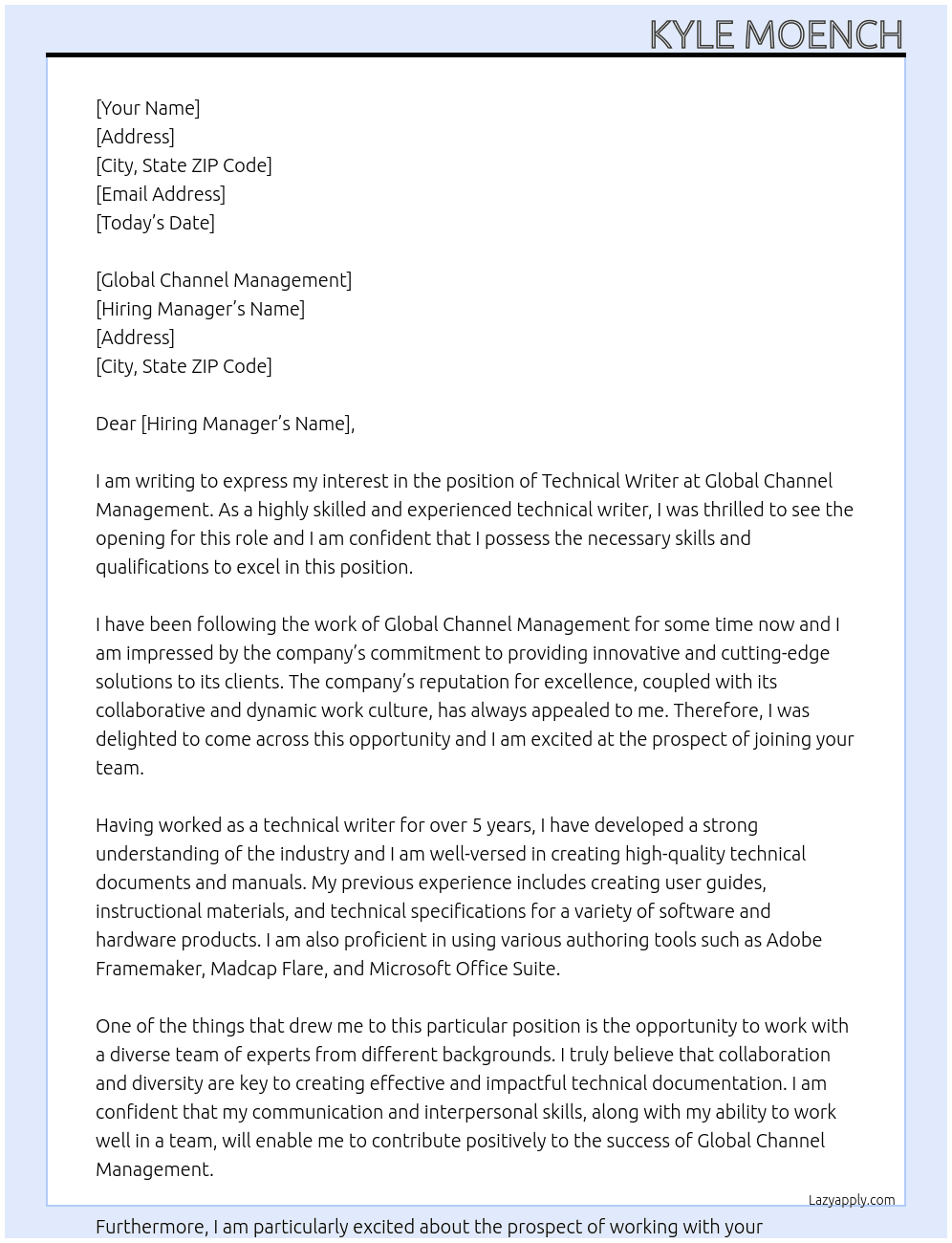 Technical Writer At Global Channel Management Cover Letter