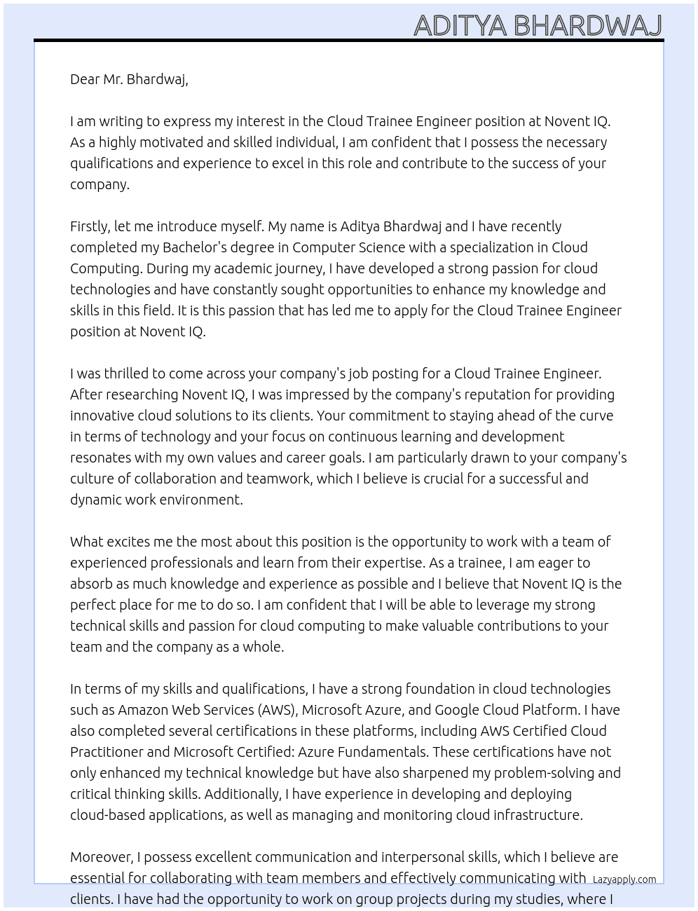 Cloud Trainee Engineer At Novent IQ Cover Letter