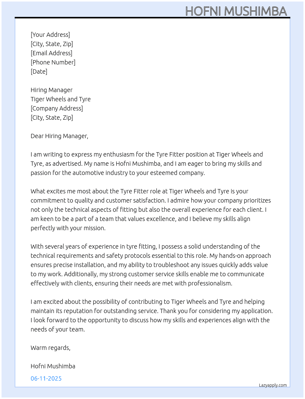 Cover letter for tyre fitter - LazyApply