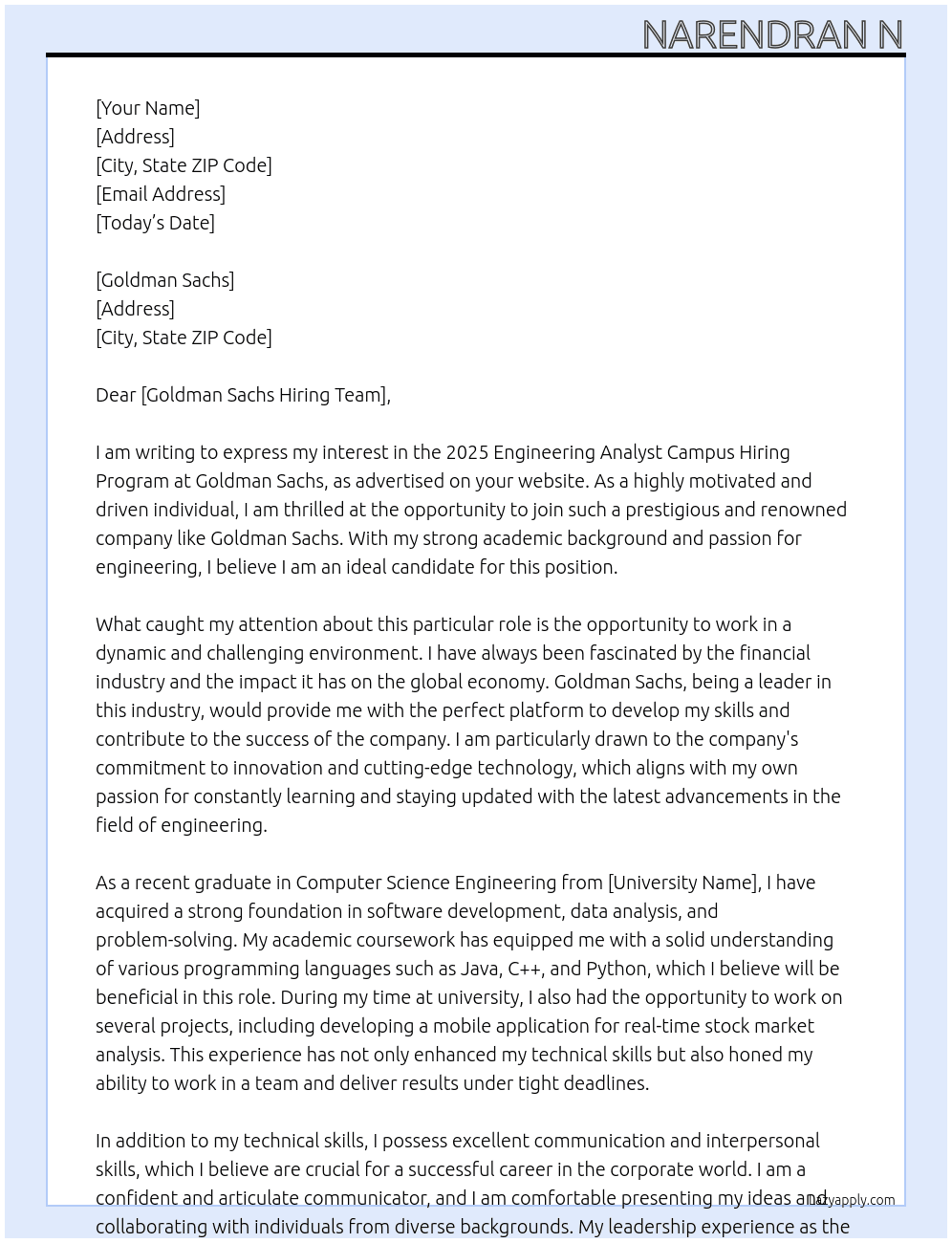 Cover letter for 2025 engineering analyst campus hiring program - LazyApply