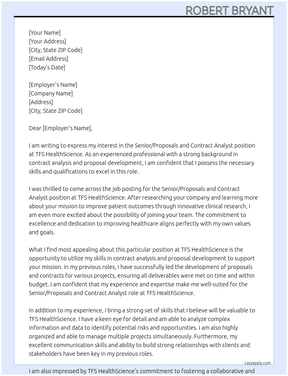 Cover letter for senior/proposals and contract analyst - LazyApply
