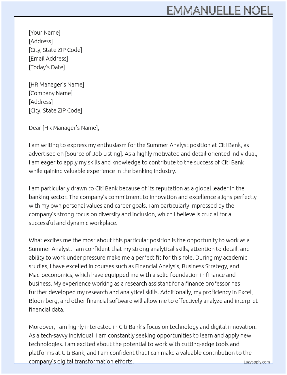 Summer Analyst At Citi Bank Cover Letter