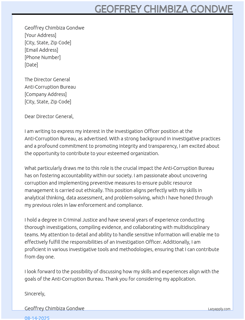 Investigation Officer At Anti-Corruption Bureau Cover Letter