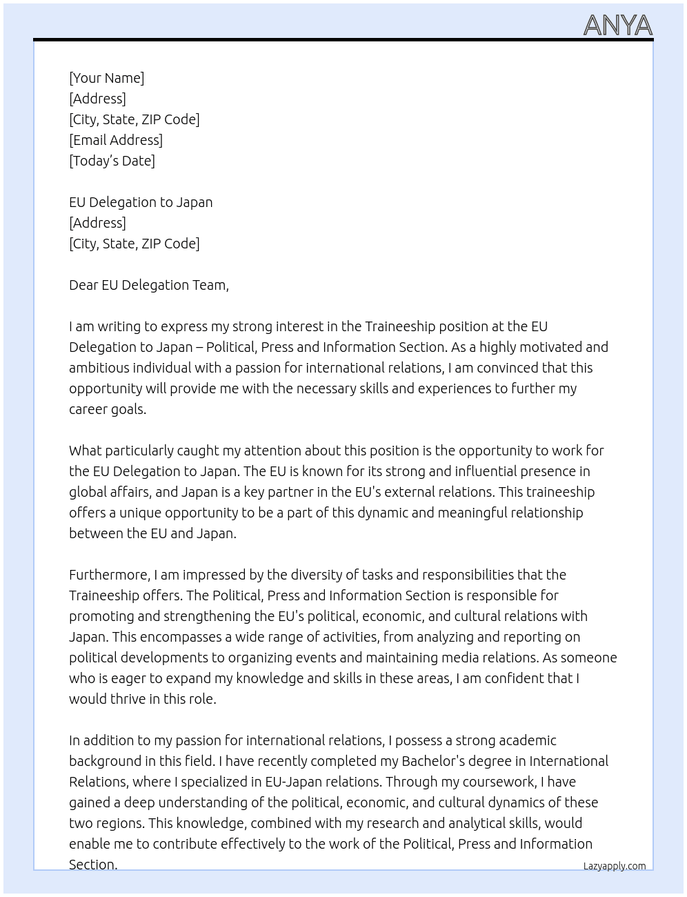 Traineeship EU Delegation to Japan – Political, Press and Information Section At EU Delegation to Japan Cover Letter