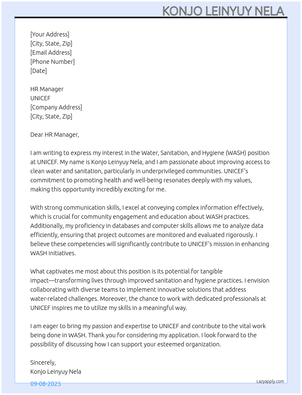 Cover letter for water,sanitation and hygiene - LazyApply