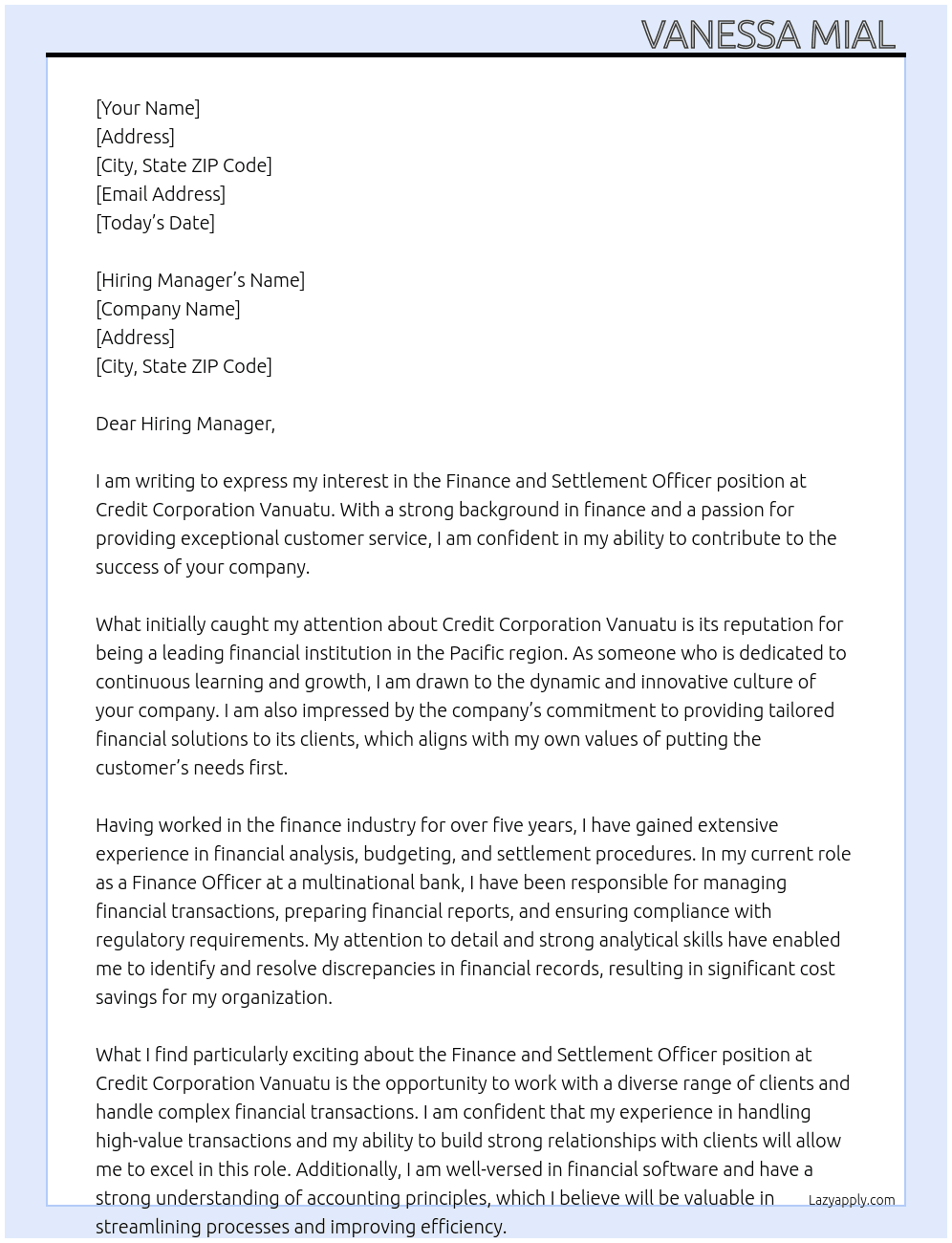 Finance and settlement Officer  At Credit corporation Vanuatu  Cover Letter