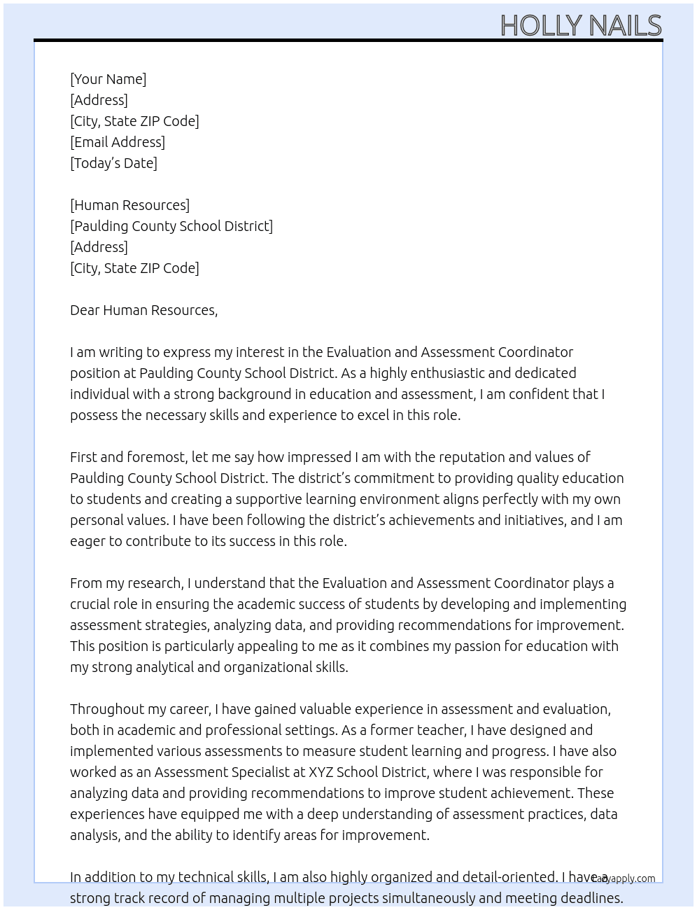 Evaluation and Assessment Coordinator At Paulding County School District Cover Letter