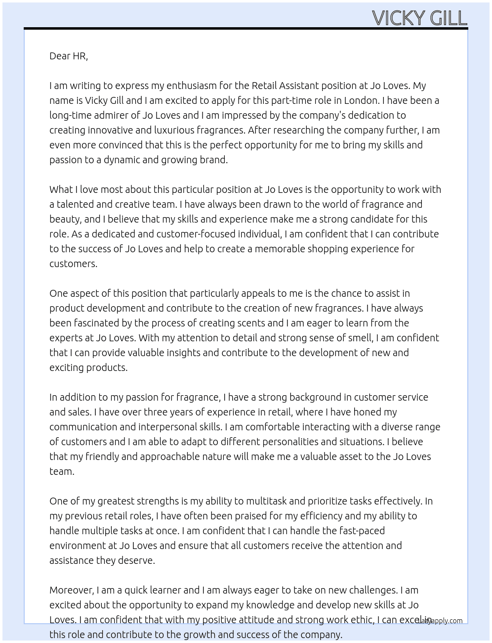 Retail assistant At Jo Loves Cover Letter