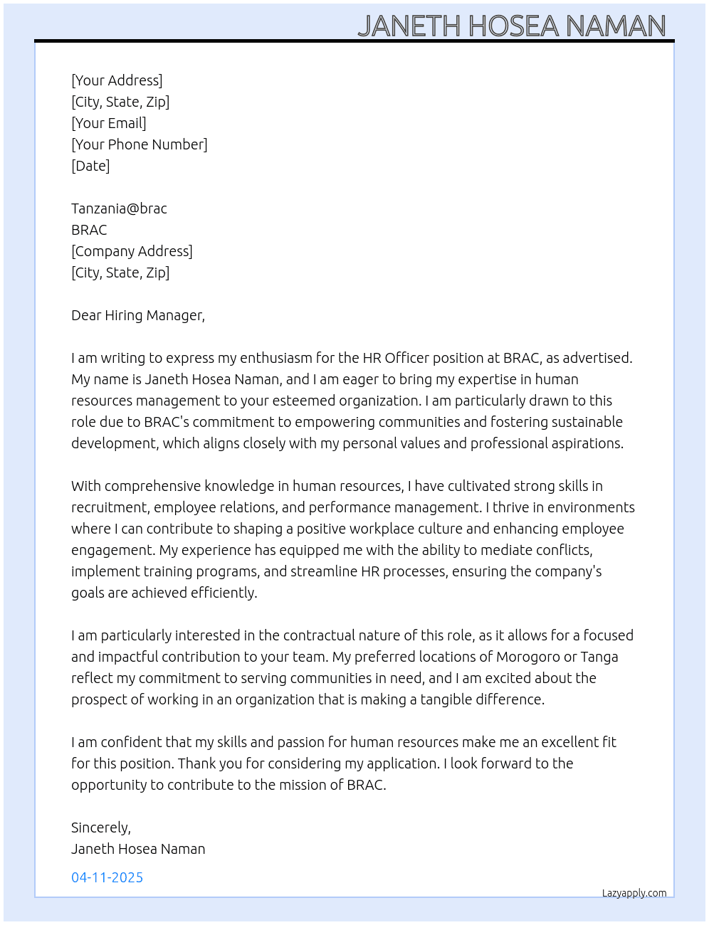 Hr officer At Brac Cover Letter