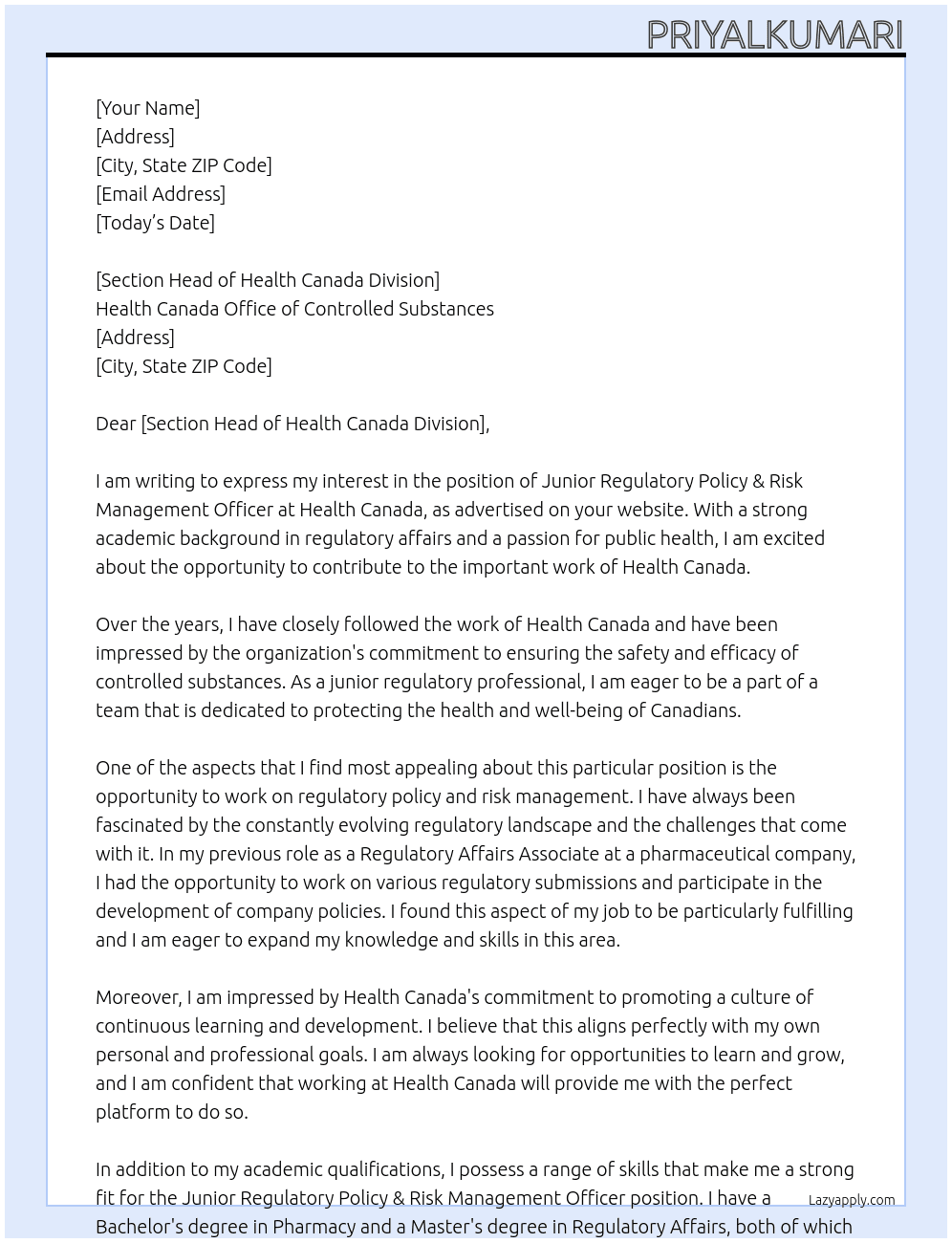 Cover letter for junior regulatory policy & risk management officer - LazyApply