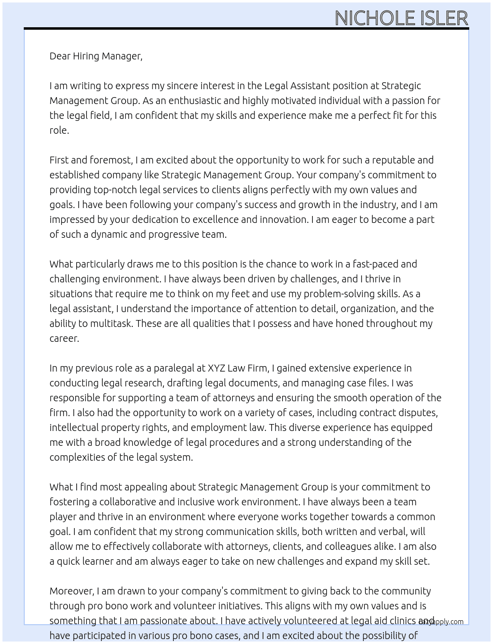 Legal Assistant At Strategic Management Group Cover Letter