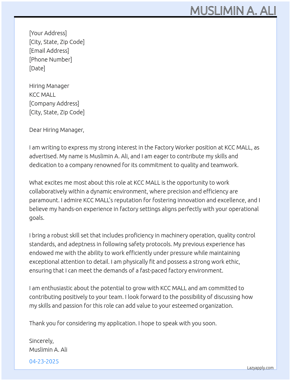 Factory worker  At KCC MALL  Cover Letter