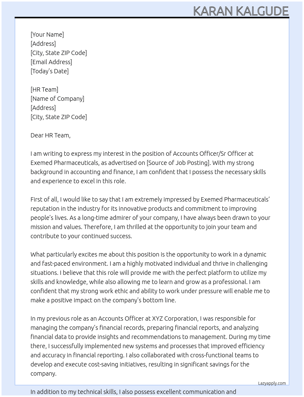 Accounts Officer/Sr Officer At  Exemed Pharmaceuticals Cover Letter