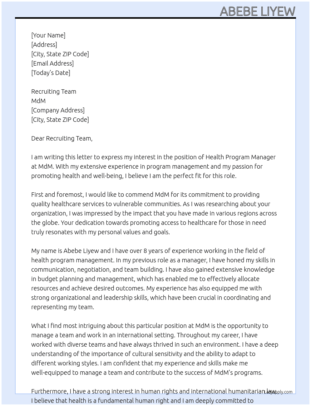 Health Program Manager At MdM Cover Letter