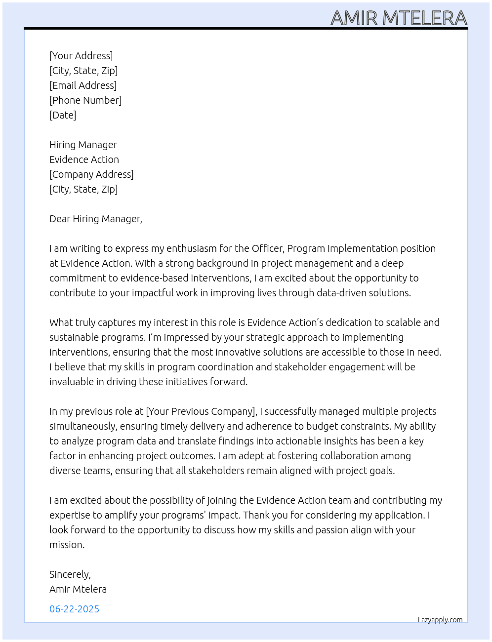 Officer, Program Implementation At Evidence action Cover Letter