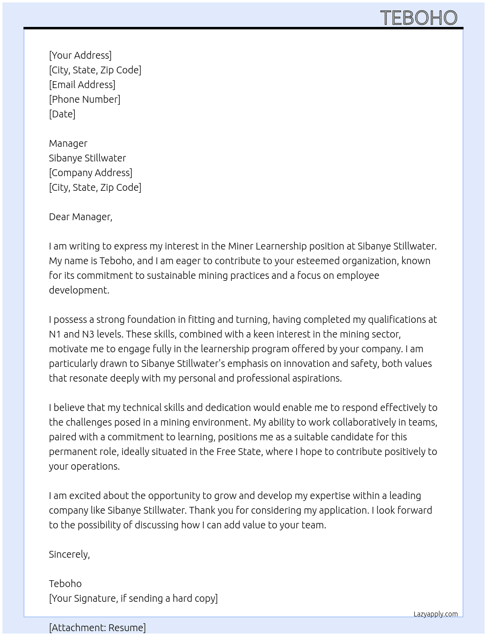 Miner learnership  At Sibanye stillwater Cover Letter