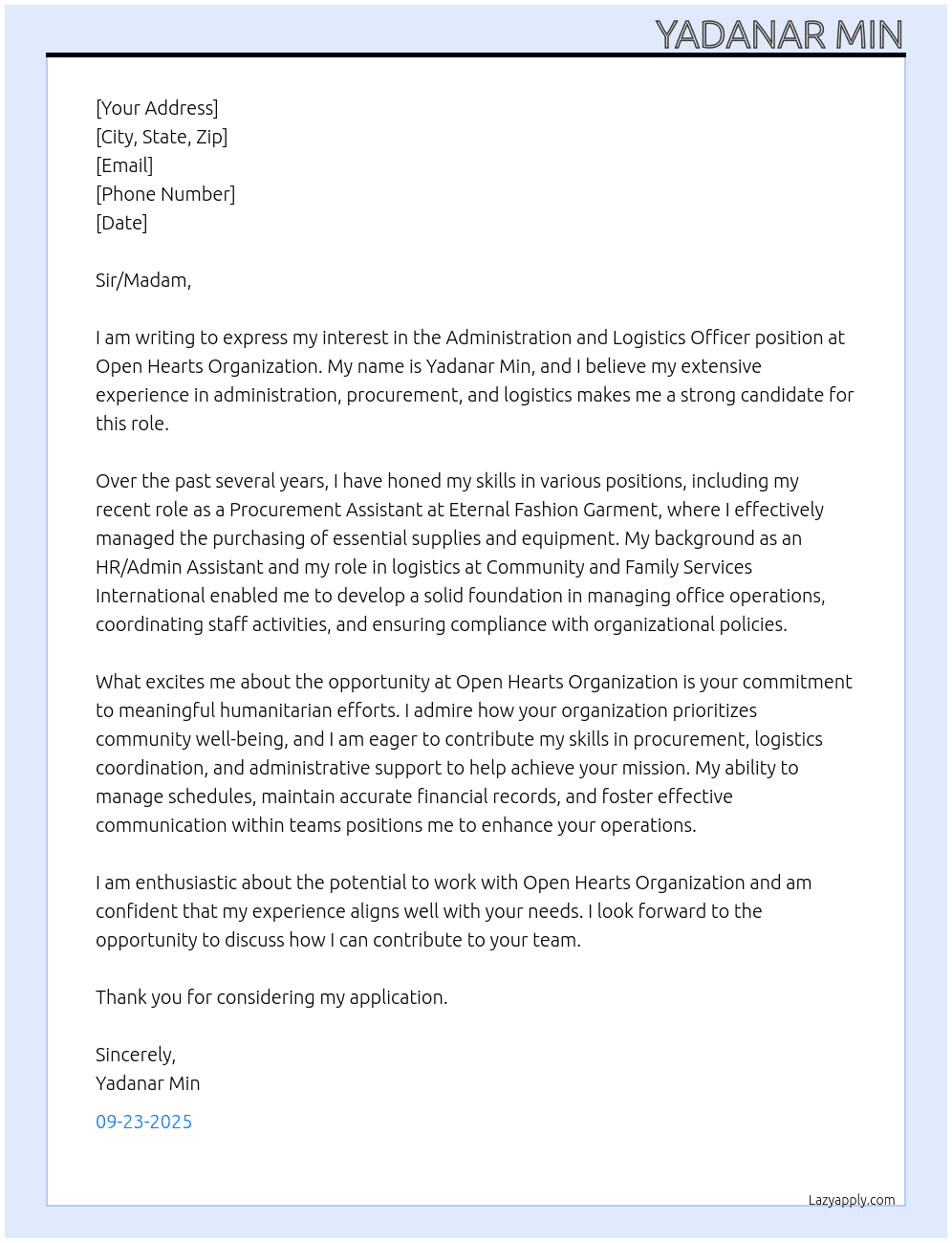  administration and logistics officer At Open Hearts Organization Cover Letter