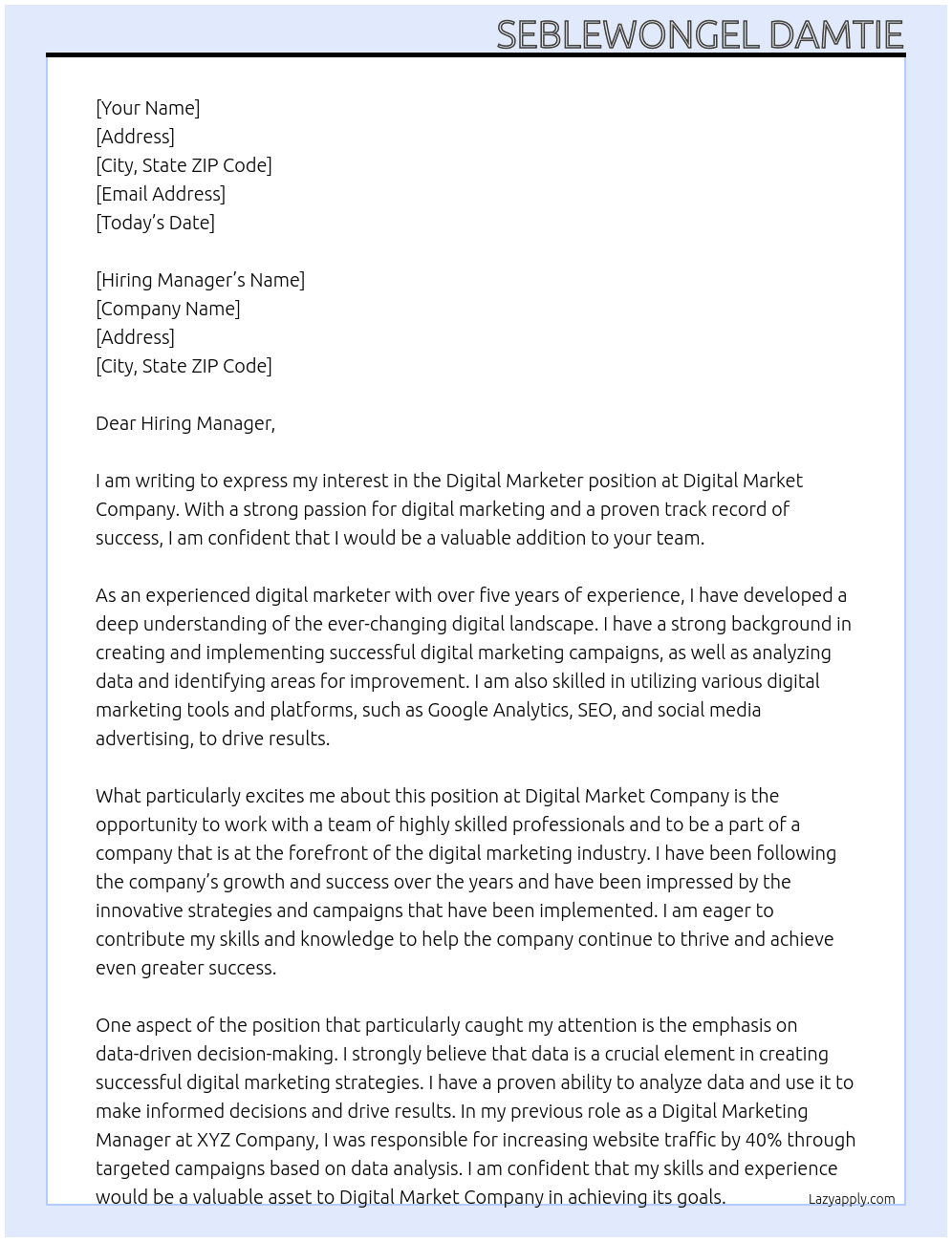 Digital Marketer At Digital market company Cover Letter
