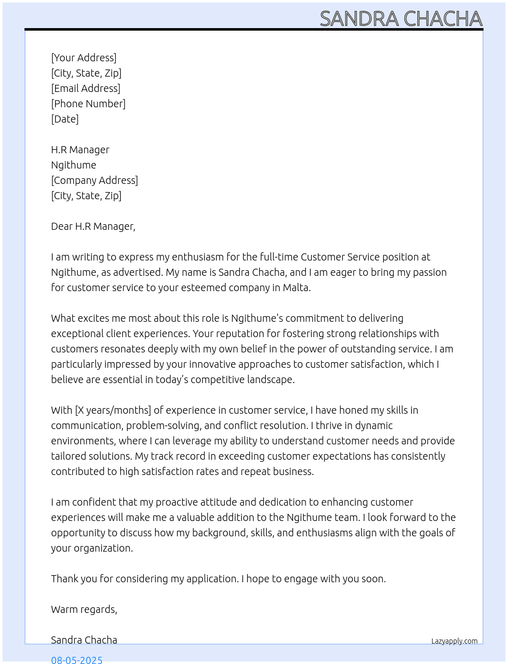 Customer Service  At Ngithume  Cover Letter