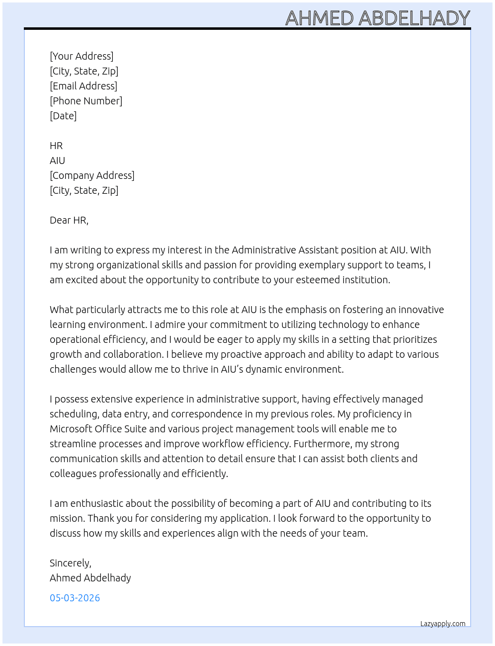 Administrative Assistant At AIU Cover Letter