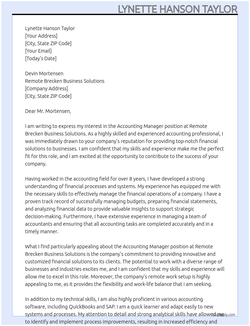 Accounting Manager At Remote Brecken Business Solutions Cover Letter