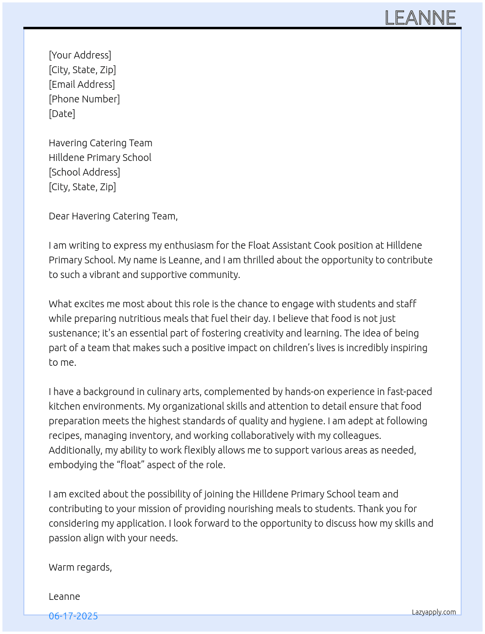Float assistant cook At Hilldene primary school  Cover Letter