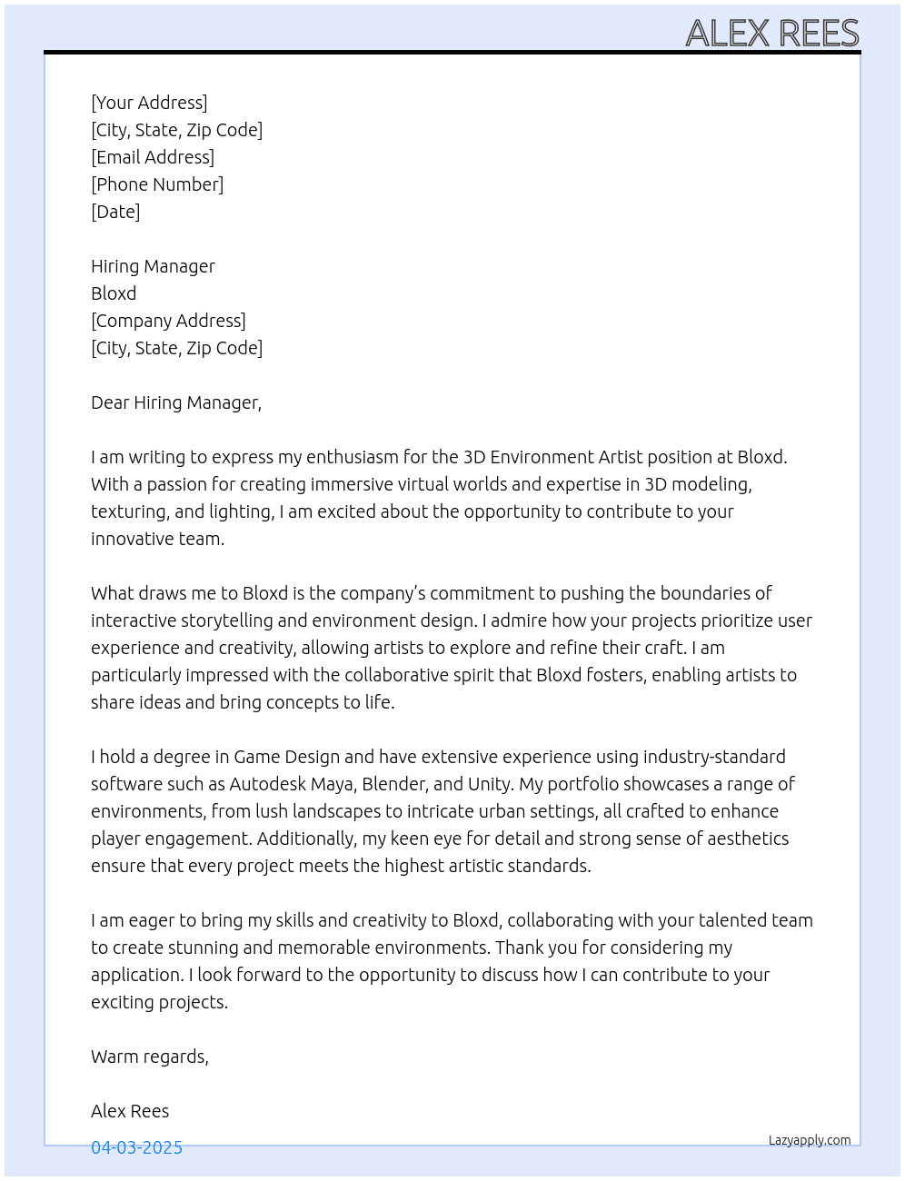 3d environment artist At Bloxd Cover Letter