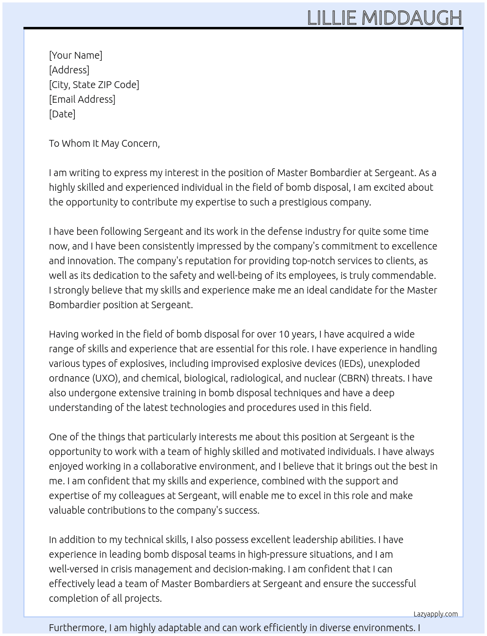 Master Bombardier At Sergeant Cover Letter