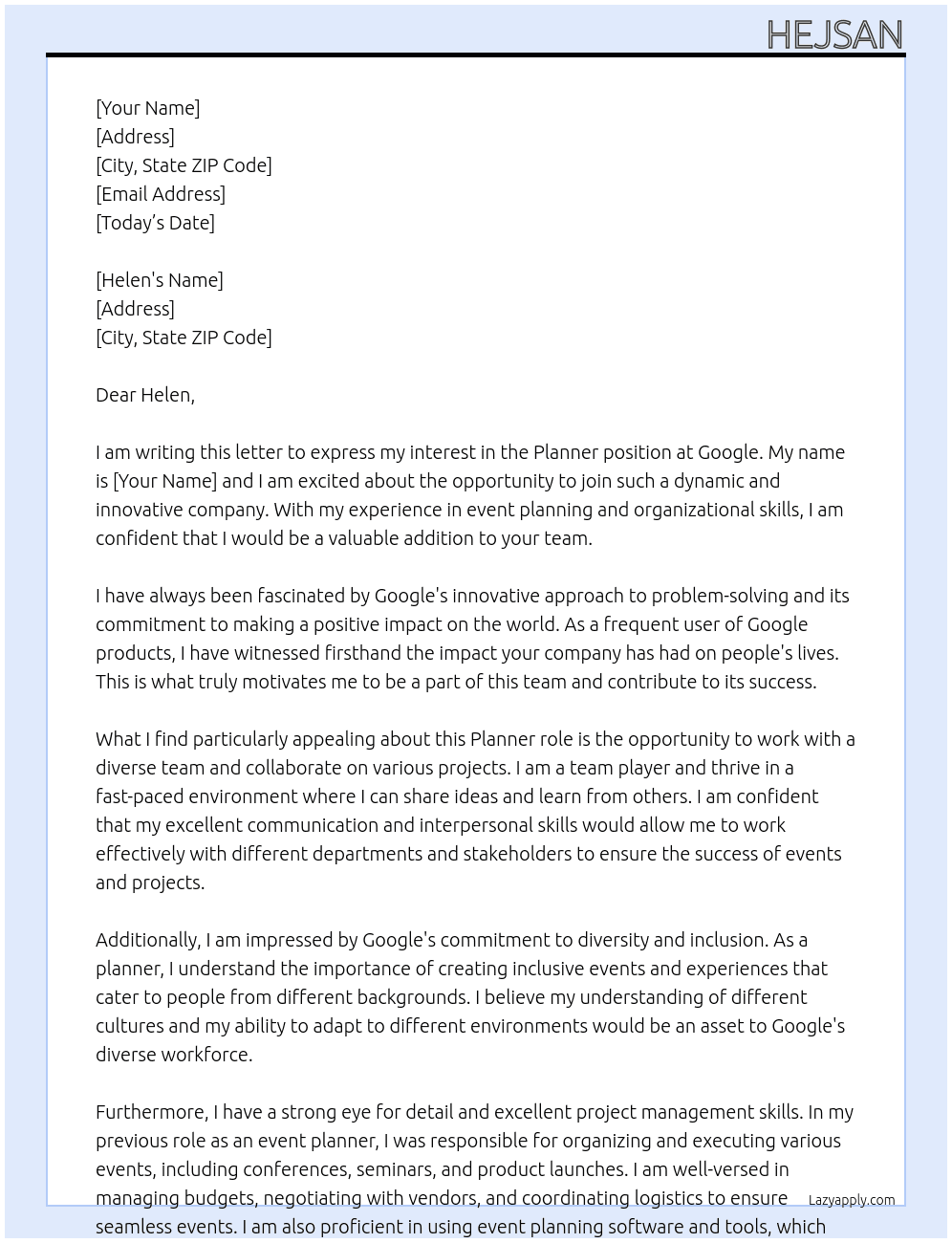 Planner At Google Cover Letter