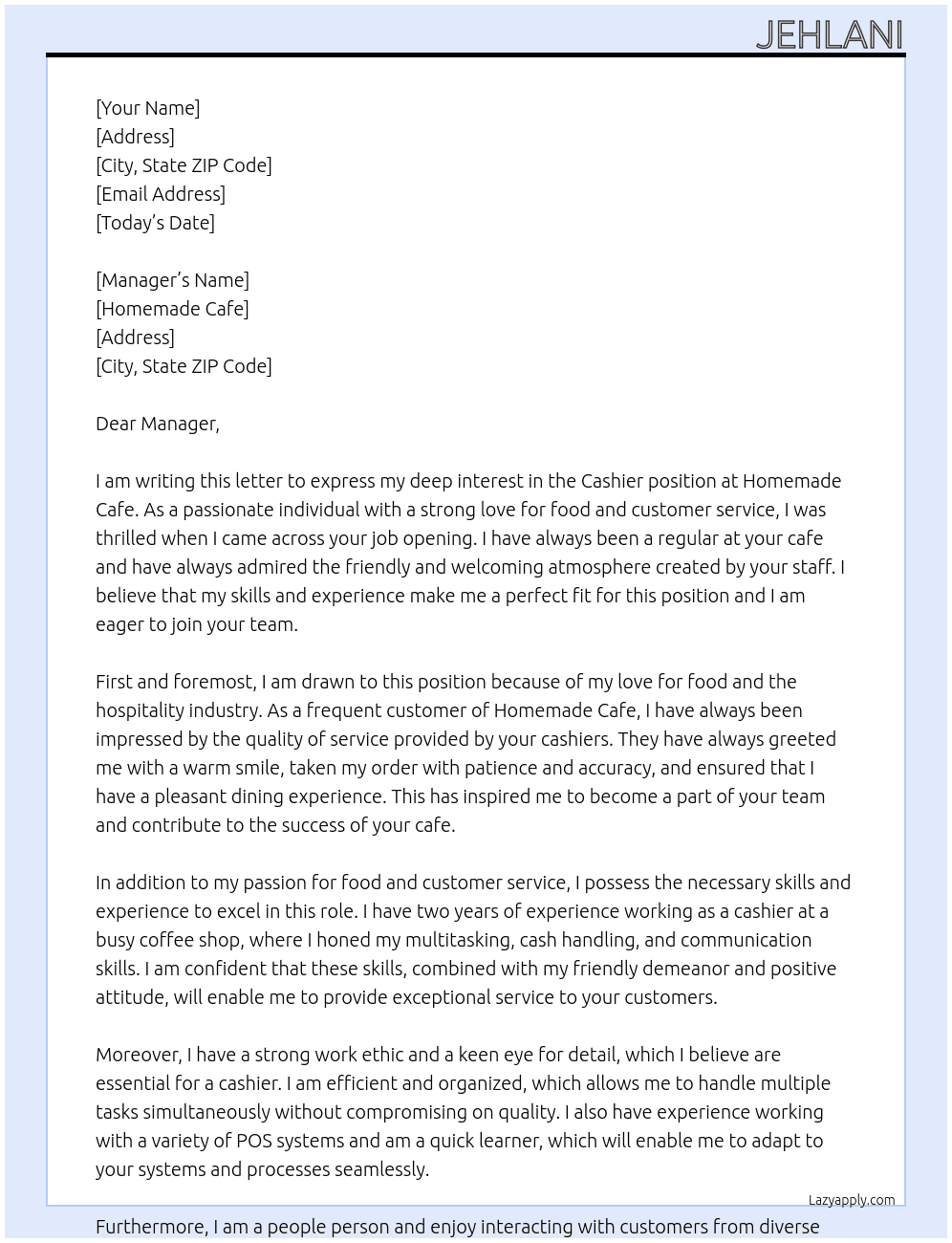 Cashier At Homemade Cafe Cover Letter