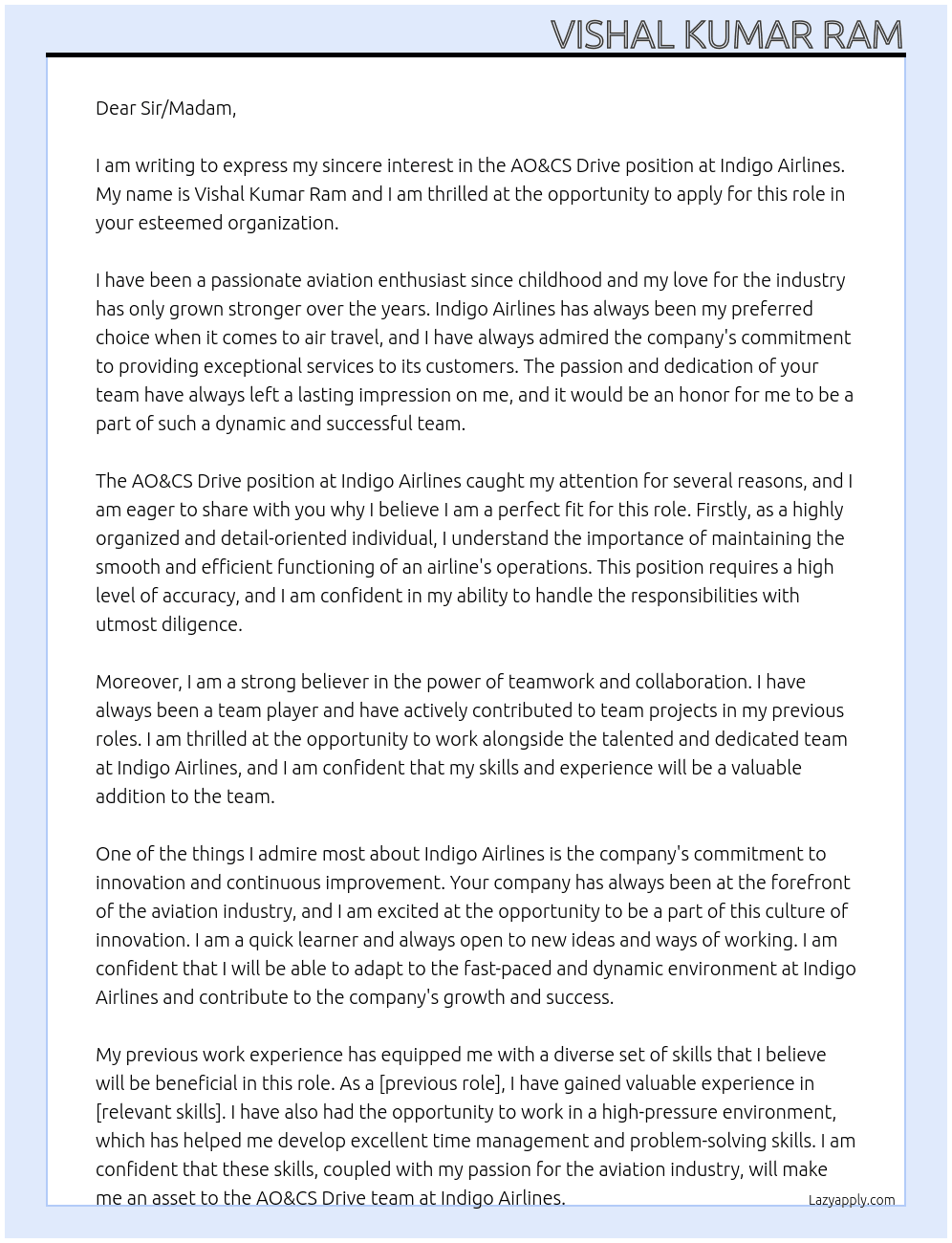 Cover letter for ao&cs drive - LazyApply