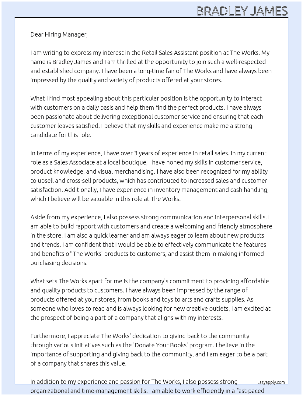 retail sales assistant At The Works Cover Letter