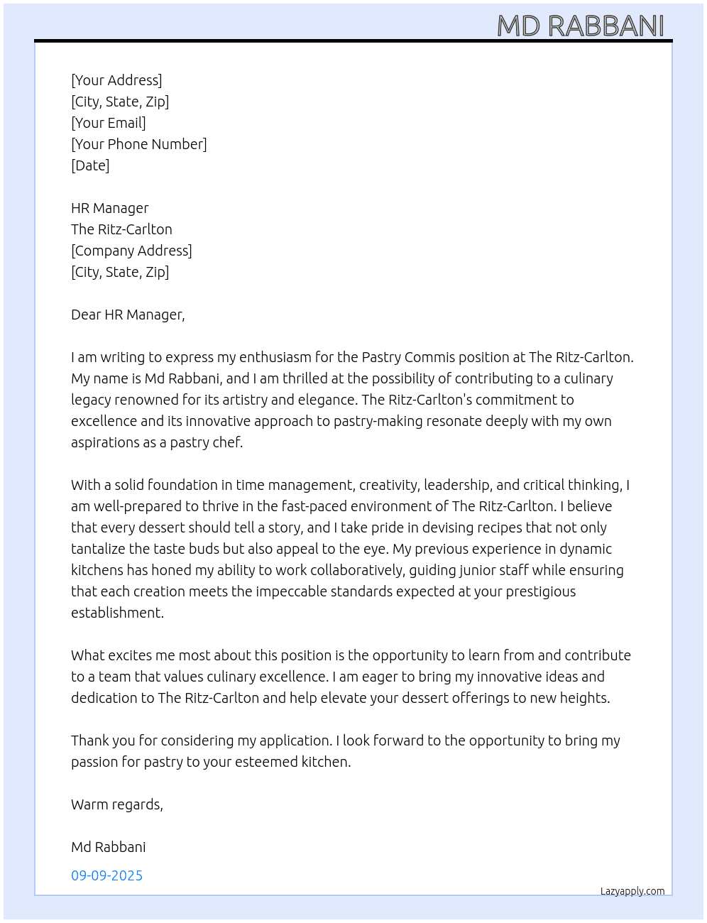 Pastry Commis  At The Ritz Corlton Cover Letter