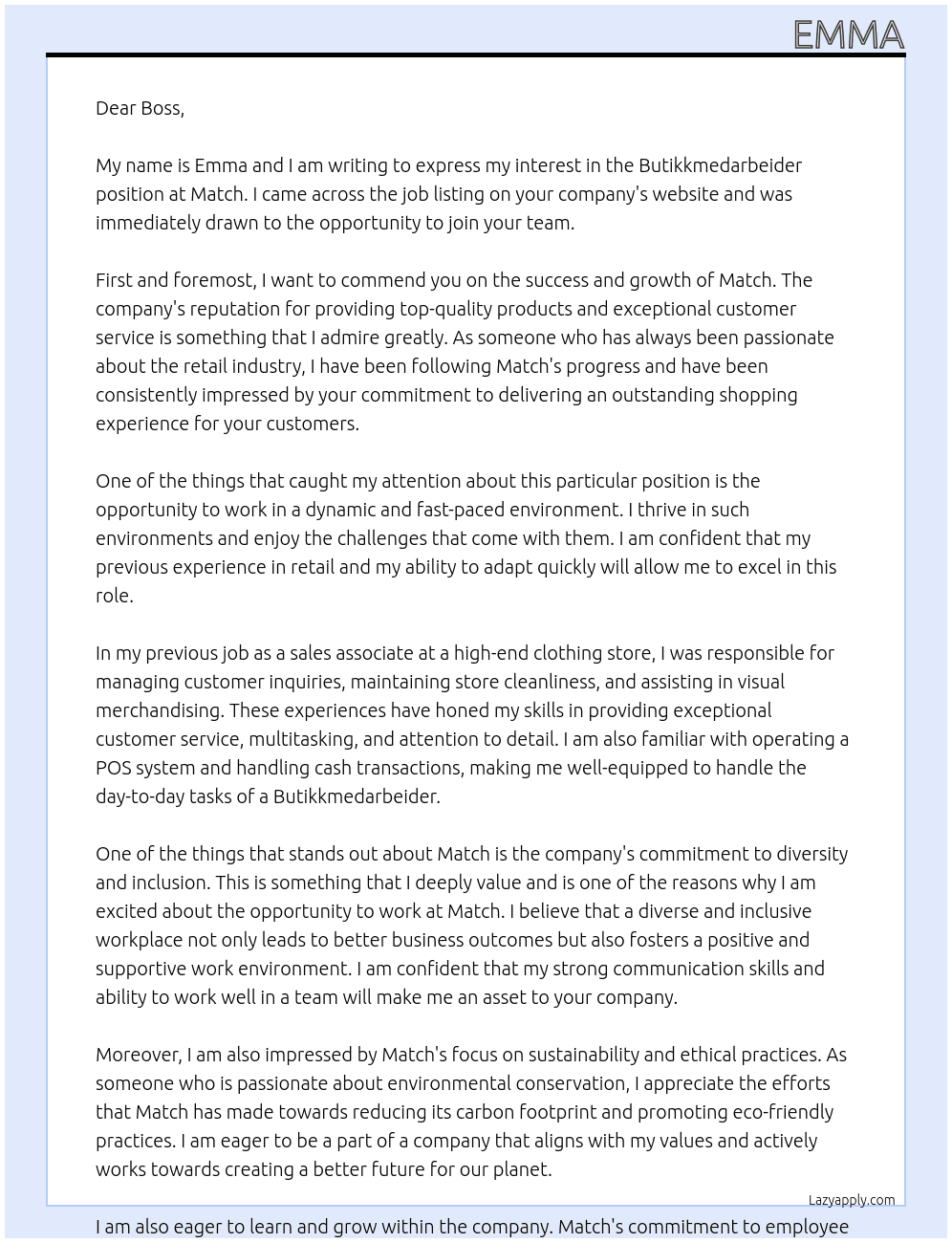 Butikkmedarbeider At Match Cover Letter
