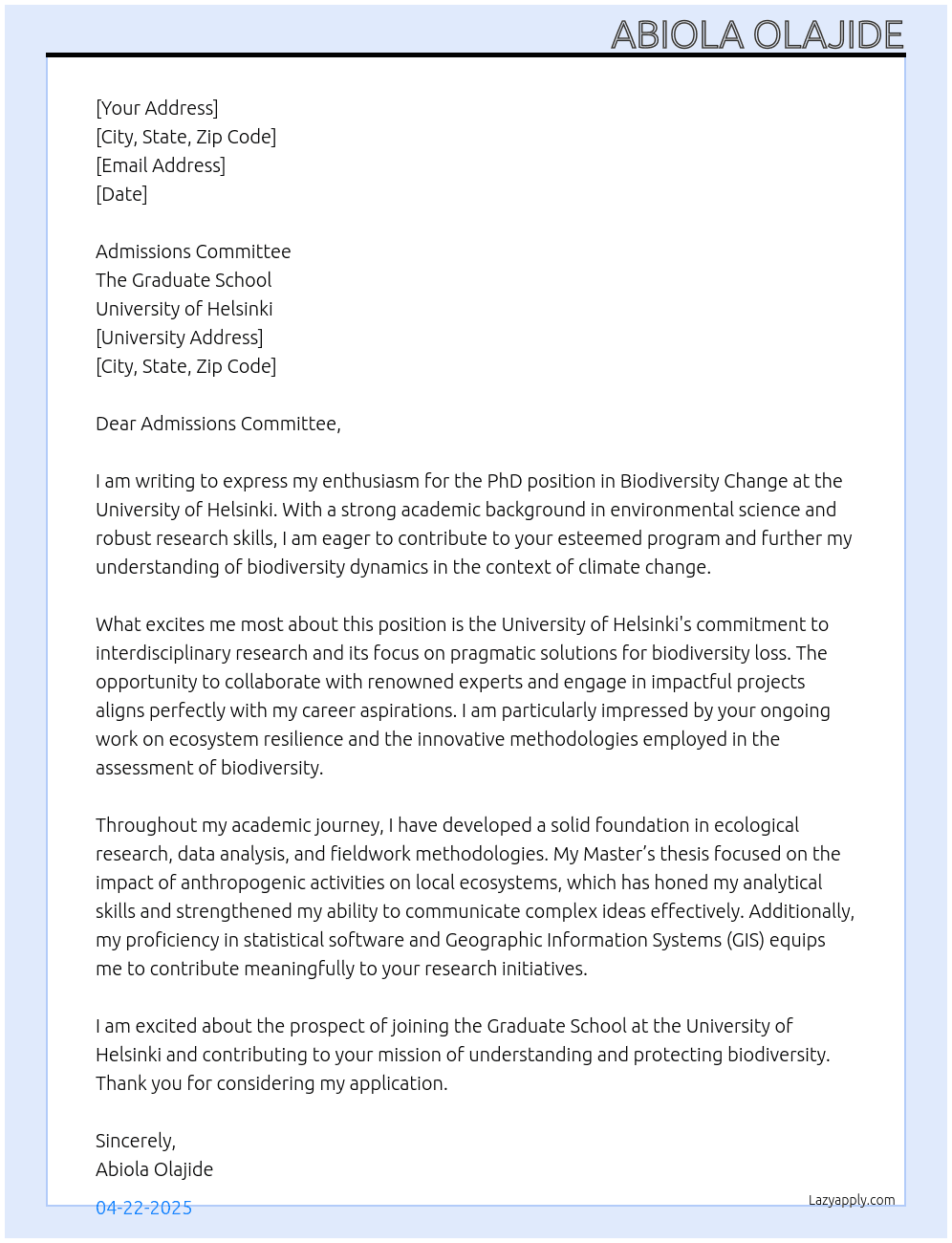 PhD in Biodiversity change At The graduate school Cover Letter