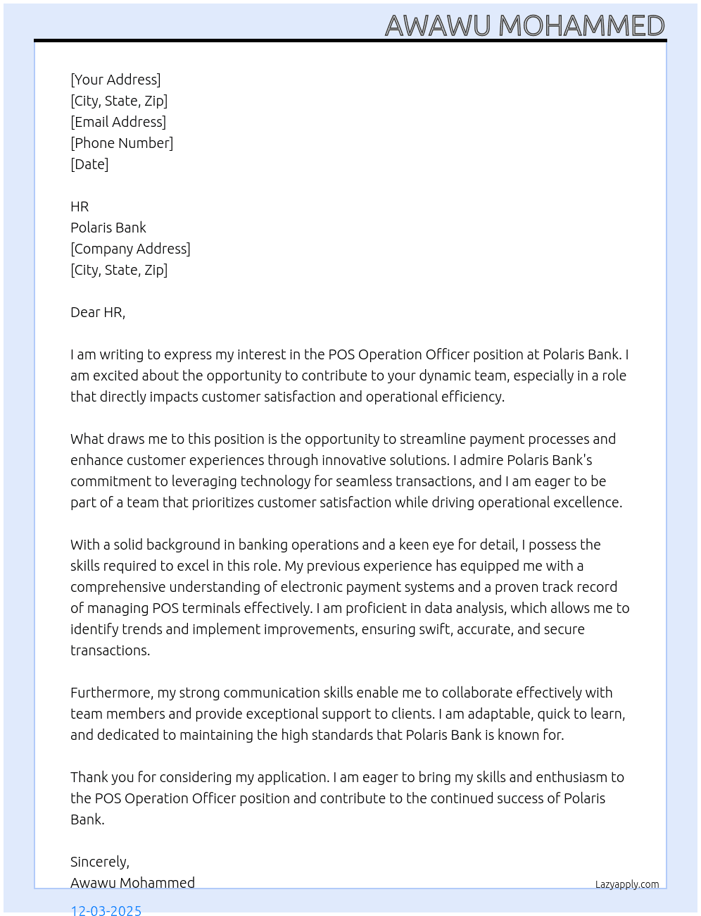 POS OPERATION OFFICER At POLARIS BANK Cover Letter