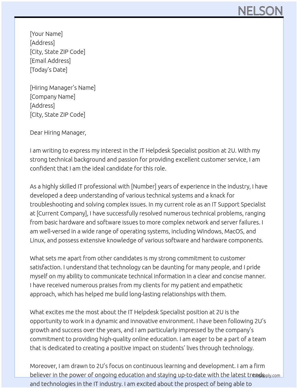 IT Helpdesk Specialist At 2U Cover Letter