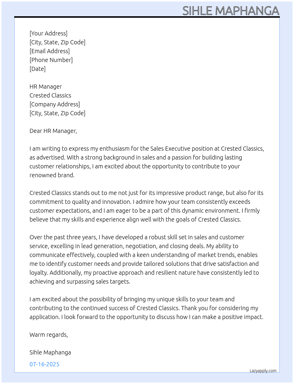 sales executive  At Crested Classics Cover Letter