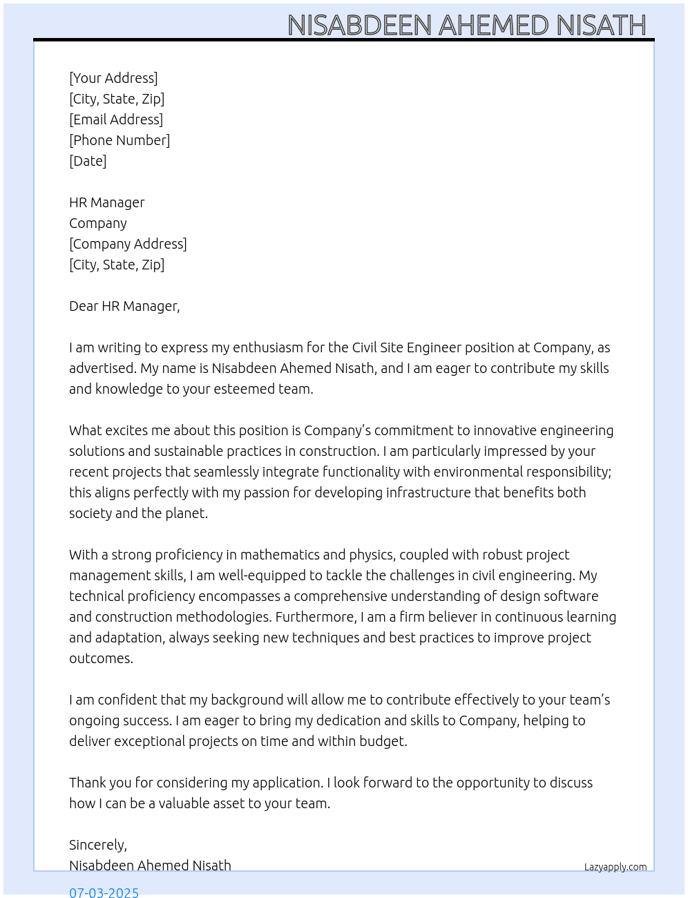Civil Site Engineer At Company Cover Letter